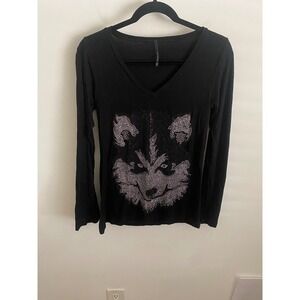 Groovy Womens Black‎ Long Sleeve V-Neck Rhinestone Wolf Graphic Tee Shirt Size M